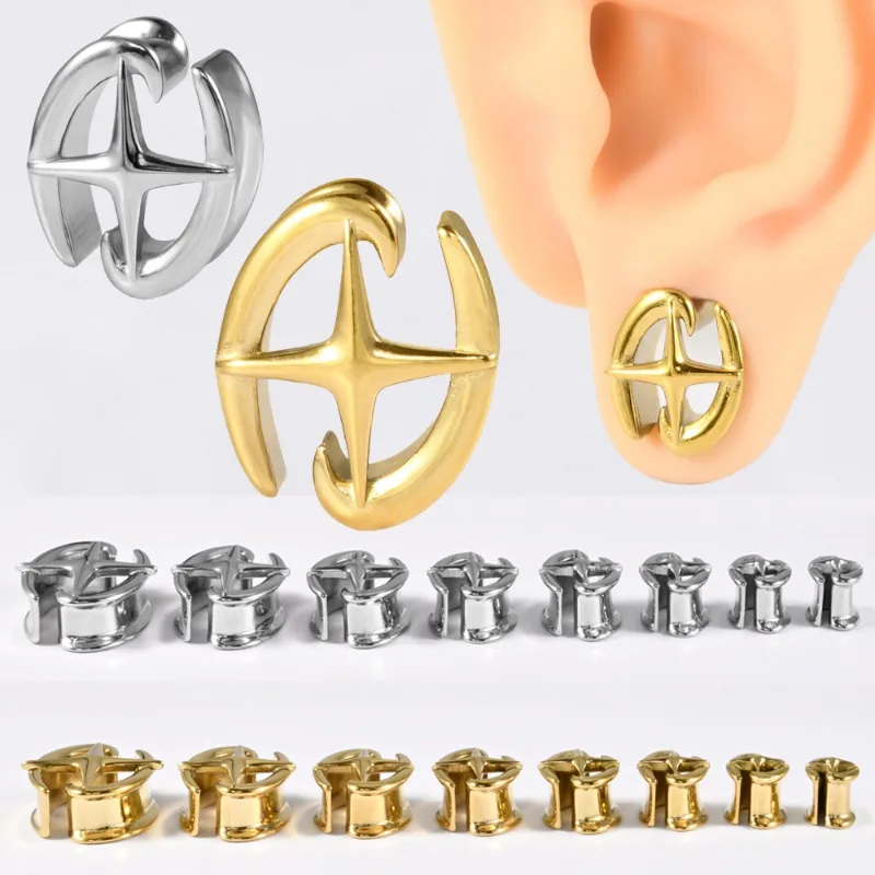 1 Pair Stainless Steel Oval Integrated Ear Electroplated Fashionable Cross-star Piercing Personalized Ear Expansion Accessory