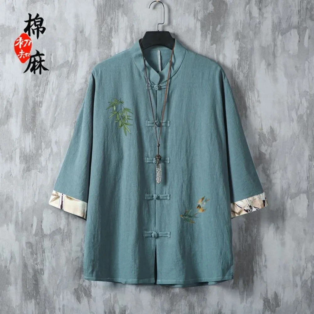 Chinese Style Men's Linen Cotton Short Sleeve Shirt, Summer Thin Frog Button Tang Suit, Printed Loose Half Sleeve Blouse