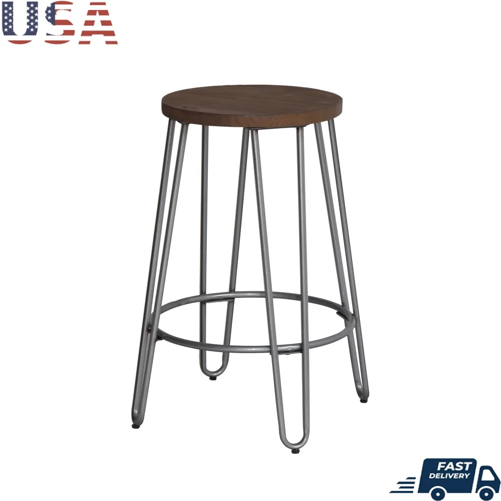

Modern Backless Counter Stool with Solid Steel Base and Wood Seat Kitchen Dining Bar Room Easy Storage and Comfortable Design