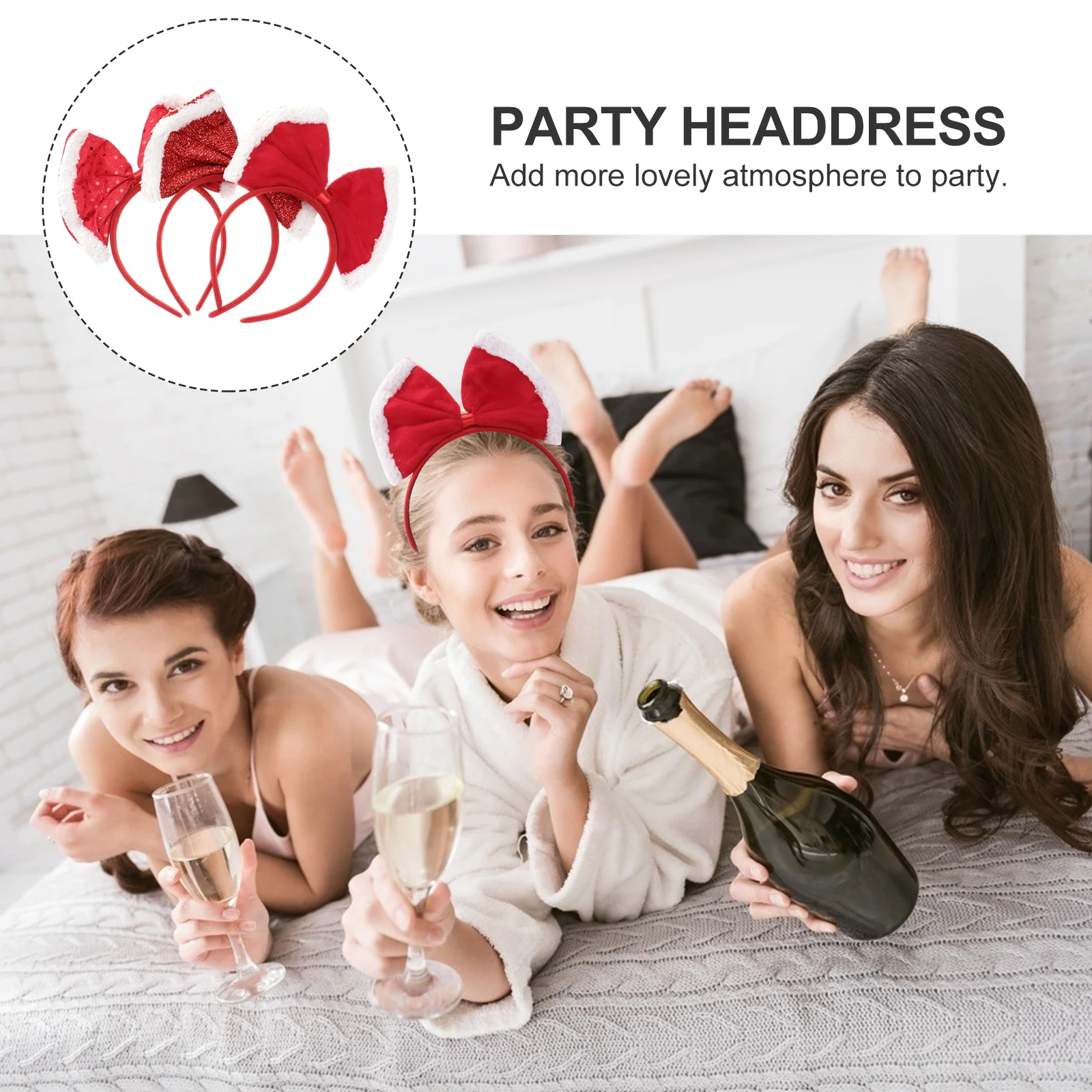 

3 Pcs Bowknot Hairband Glitter Hair Accessories Sequin Headband Adjustable Durable Long Lasting Bright Red Color Women Girls