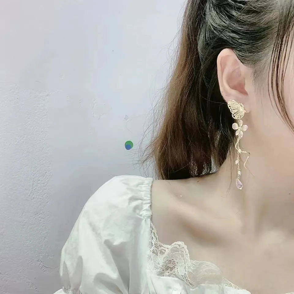 Korean Elegant Butterfly Earrings For Women Exquisite Crystal Zircon Long Tassel Flower Drop Earrings Girls Temperament Jewelry image 4