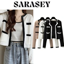 2025 Women Version Contrasting Knitted Loose Outerwear Cardigan Sweaters Crewneck Temperament Versatile Short Cardigan Top