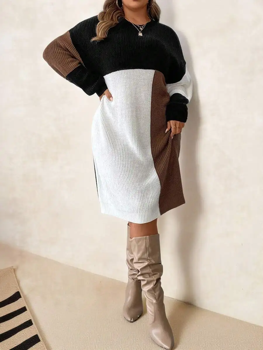 เสื้อสเวตเตอร์ผู้หญิงไซส์ใหญ่ ดีไซน์หรูหรา ตัดต่อสี คอทรงกลม แขนยาว ไหล่ตก ใส่สบาย อุ่น สำหรับฤดูใบไม้ร่วงและฤดูหนาว