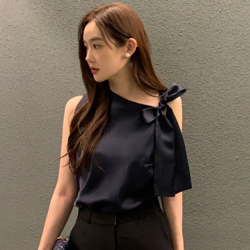 Neploe Chic Simple Temperament Blouse Femme Irregular Neckline Tie Bowknot Design Blusa Glossy Solid Color Sleeveless Shirt