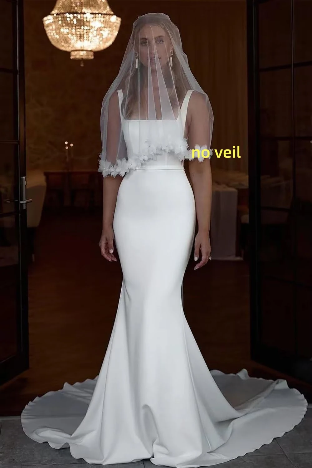 

Mermaid Wedding Dresses for Bride Spaghetti Straps Satin Beach Bridal Dress for Women without Veil