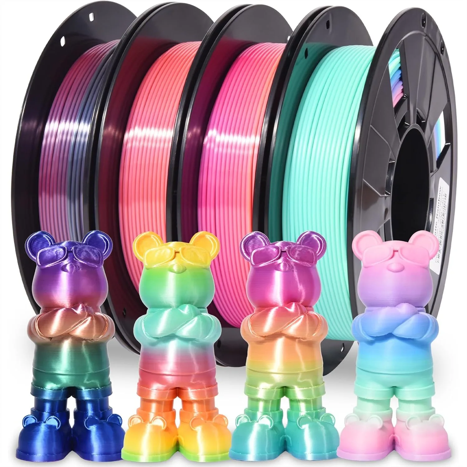 

4-Pack Silk Matte Rainbow PLA Filament 1.75mm, Multicolor Fast Color Change 3D Printer Filament, Toughness Upgraded, 200g x 4 Spools