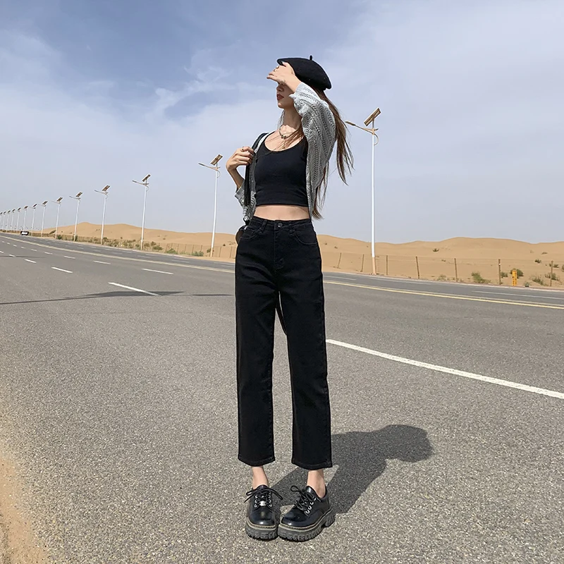 

Удобные для кожи удобные женские прямые джинсы, винтажные корейские черные расклешенные джинсовые брюки с высокой талией, эластичные повседневные однотонные брюки
