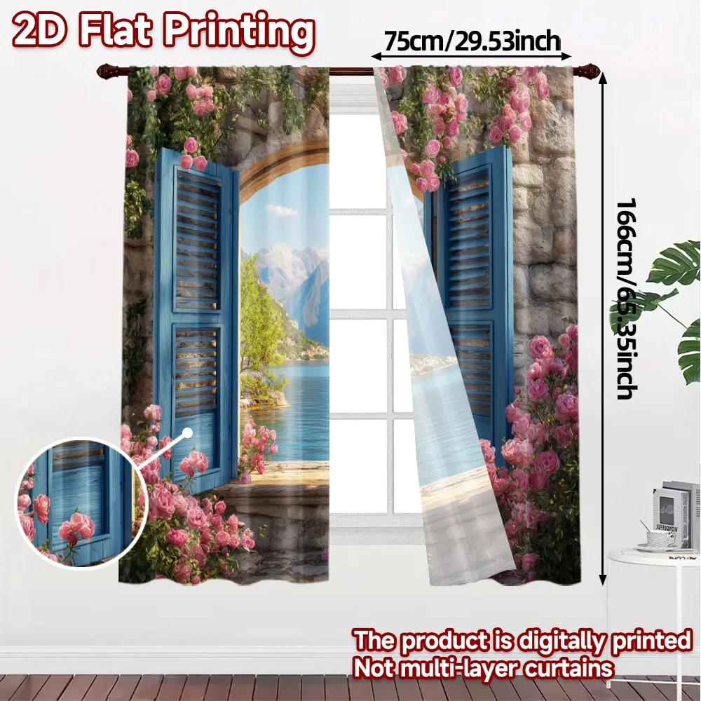 2pcs, 2D FLAT PRINTING Curtains (Without Rod) Blossom View Contemporary Popular Curtains Versatile Polyester Curtains
