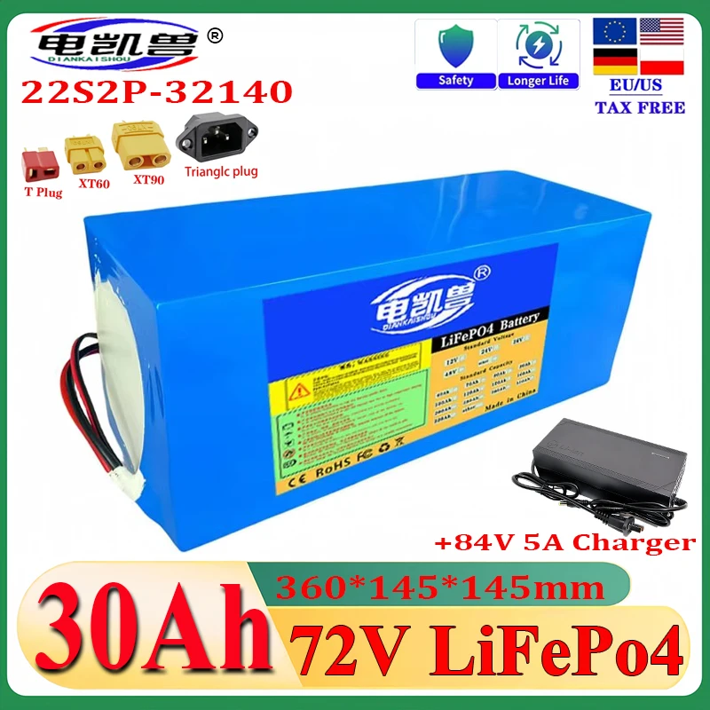 72V 30ah LiFePo4 Battery Rechargeable Battery Pack 32140 22S2P Built in BMS 3500W Motor High Power 84V+5A Charger duty-free