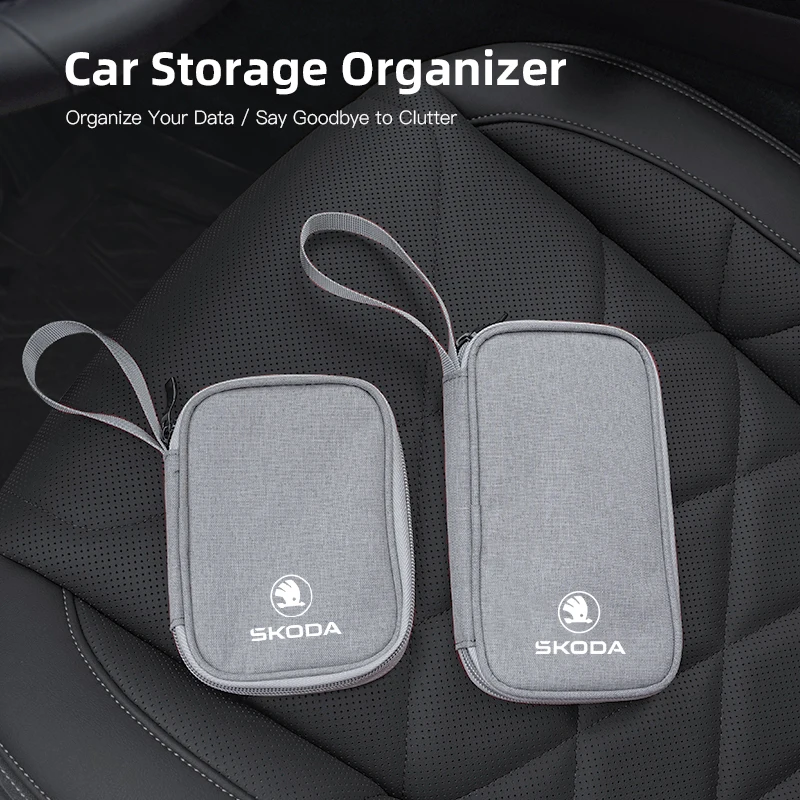 Car Cable Drive Earphone Charger Protable Storage Bag For New Skoda Octavia Kodiaq Fabia Superb Karoq Yeti Rapid Mk3 Vrs Kamiq