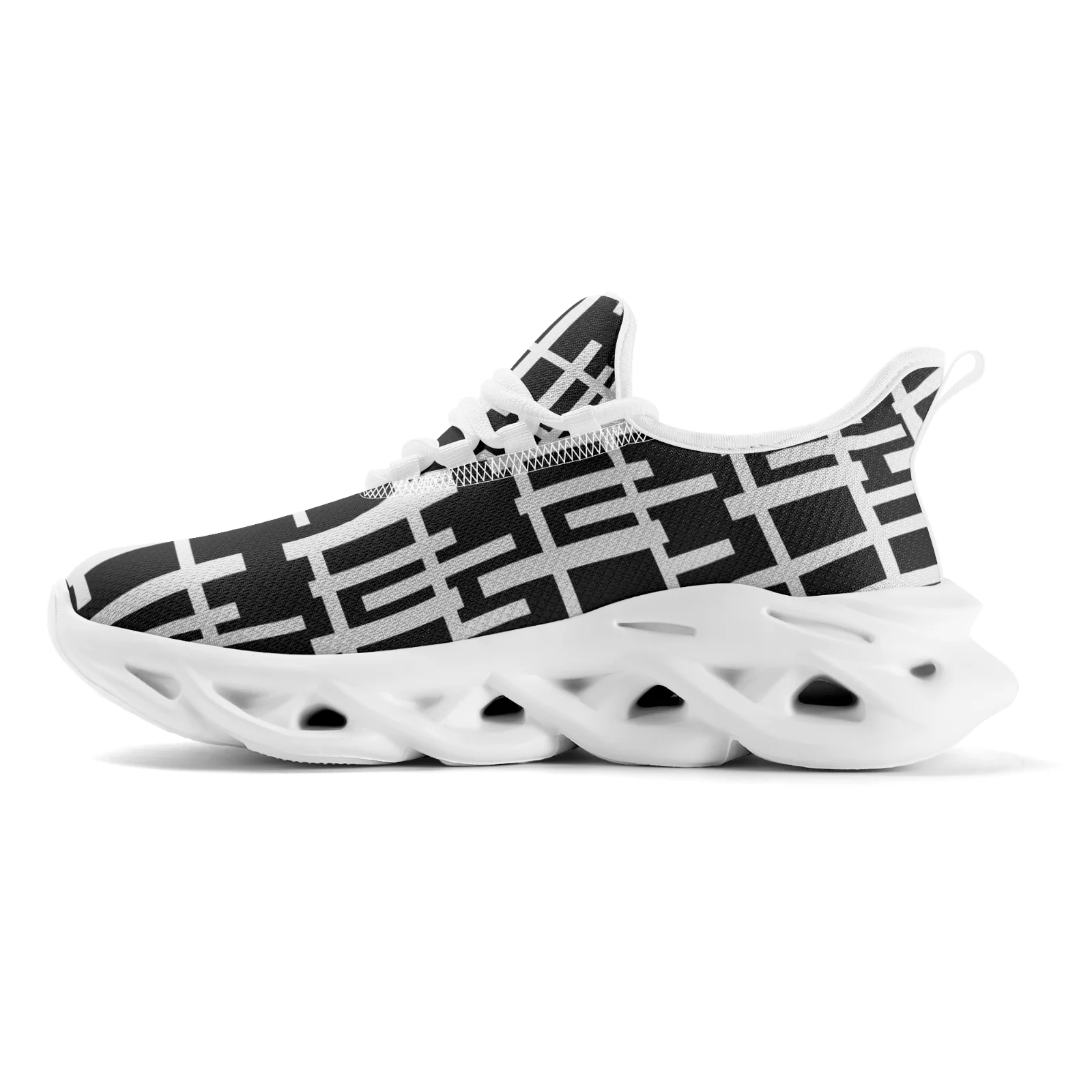 أبيض وأسود قطاع يطبع الشقق أحذية رياضية المراهقين تشغيل أحذية مشي خفيفة الوزن الدانتيل يصل شبكة الأحذية حجم EU36-48