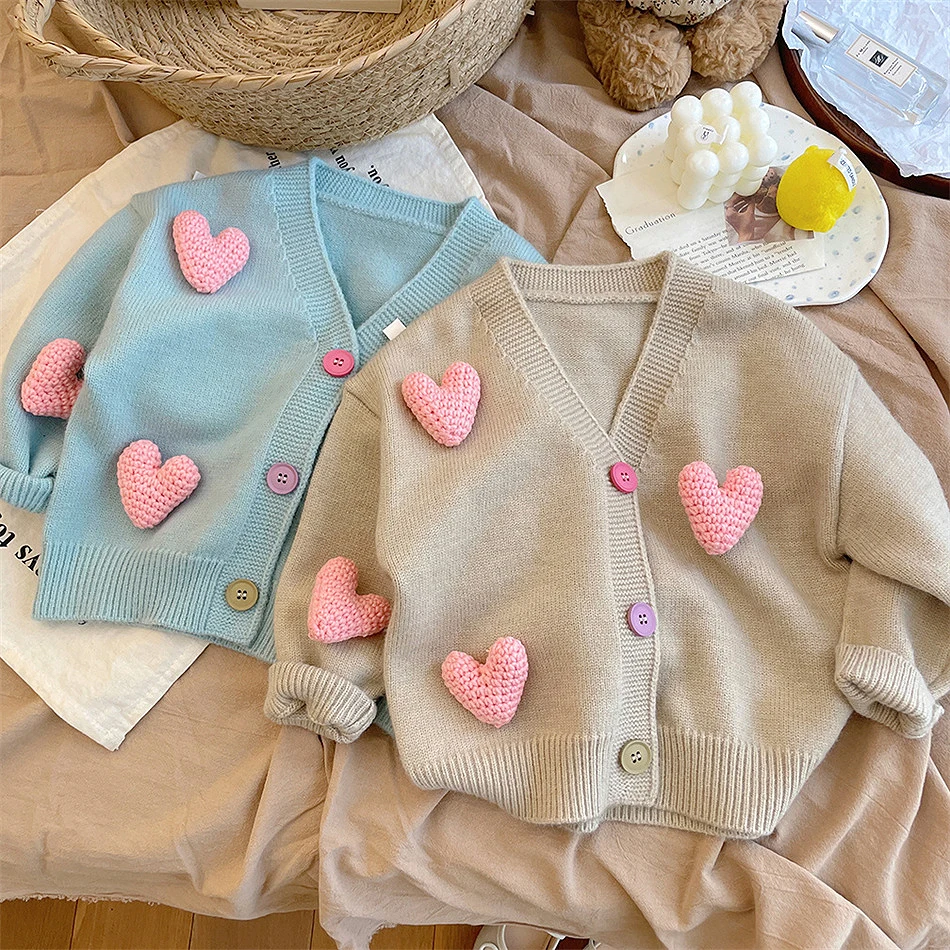 

New Baby Girl Sweater Toddler Casual 3D Love Pullovers Fashion Knitted Cardigan Top Children Cute Sweet Coat Daily Wear Clothing
