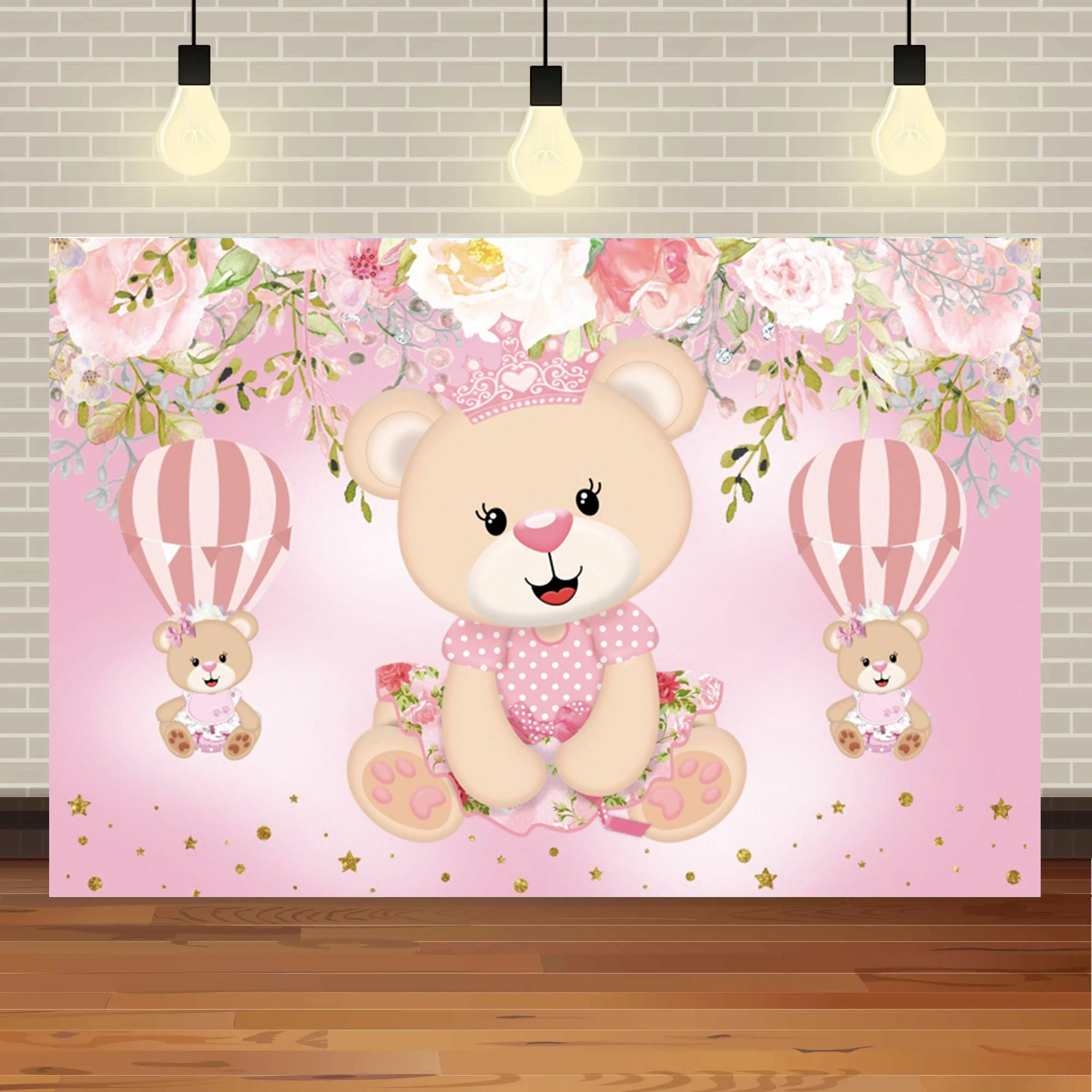 Baby Bear Hot Air Balloon Baby Shower Backdrop Photocall Girl or Boy Unveiling Party Birthday Decoration Backdrop Photo Studio