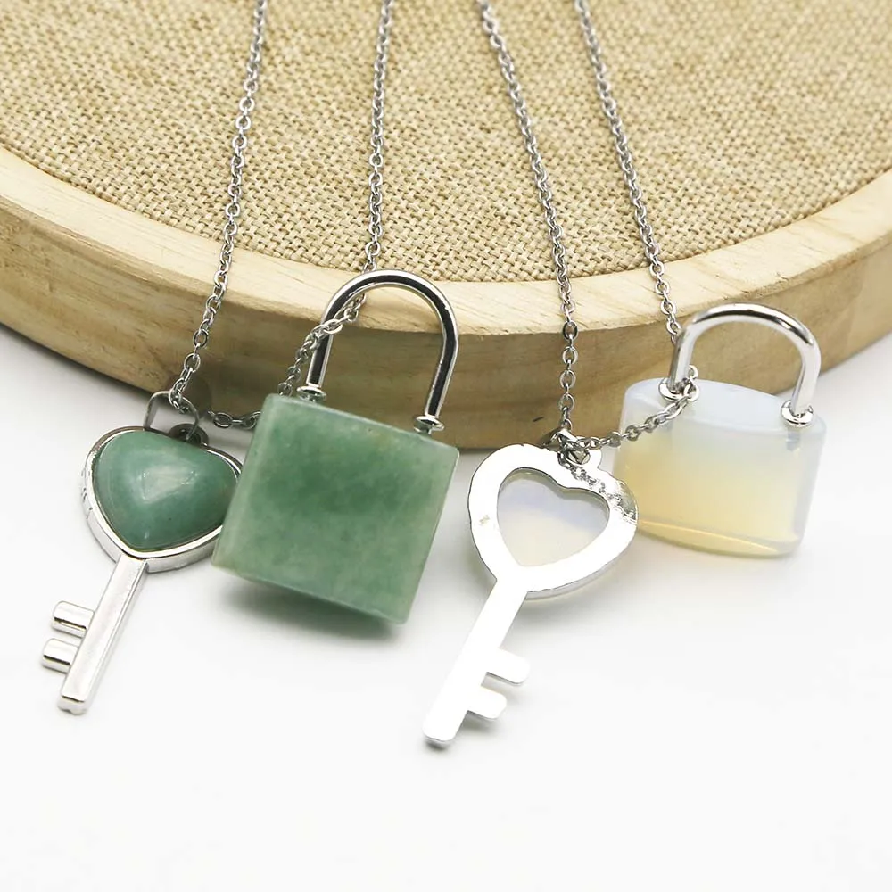 Natural Stone Crystal Heart Silver Key Lock Set Pendant Stainless Steel Chain Necklace Charms Jewelry Accessories Wholesale 4set