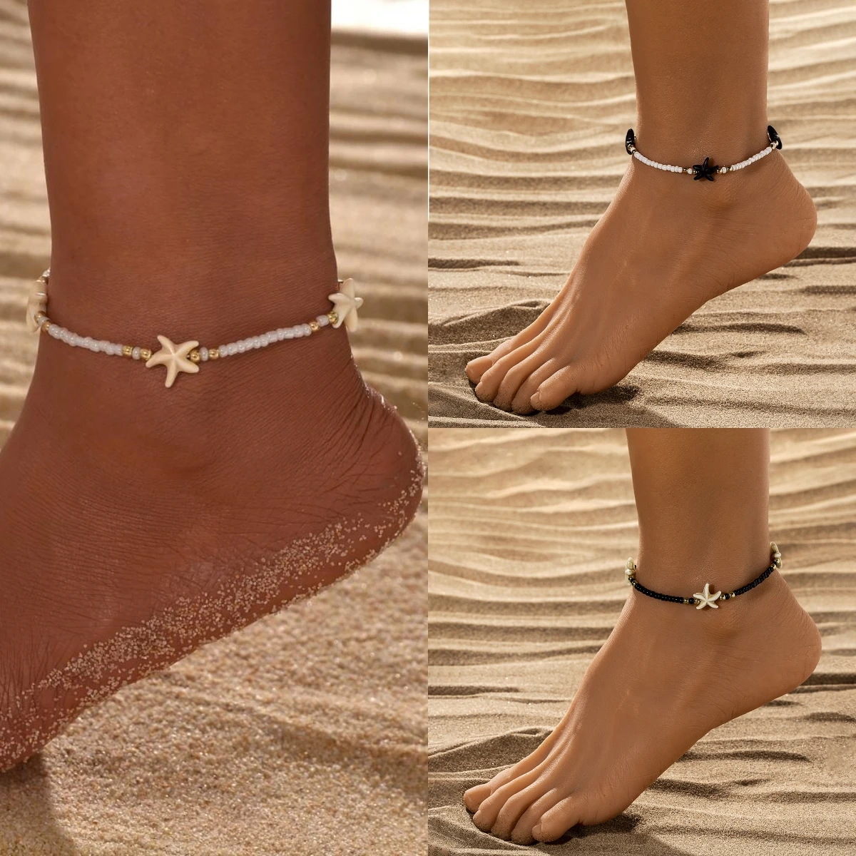 Bohemian style starfish pearl woven adjustable women's anklet