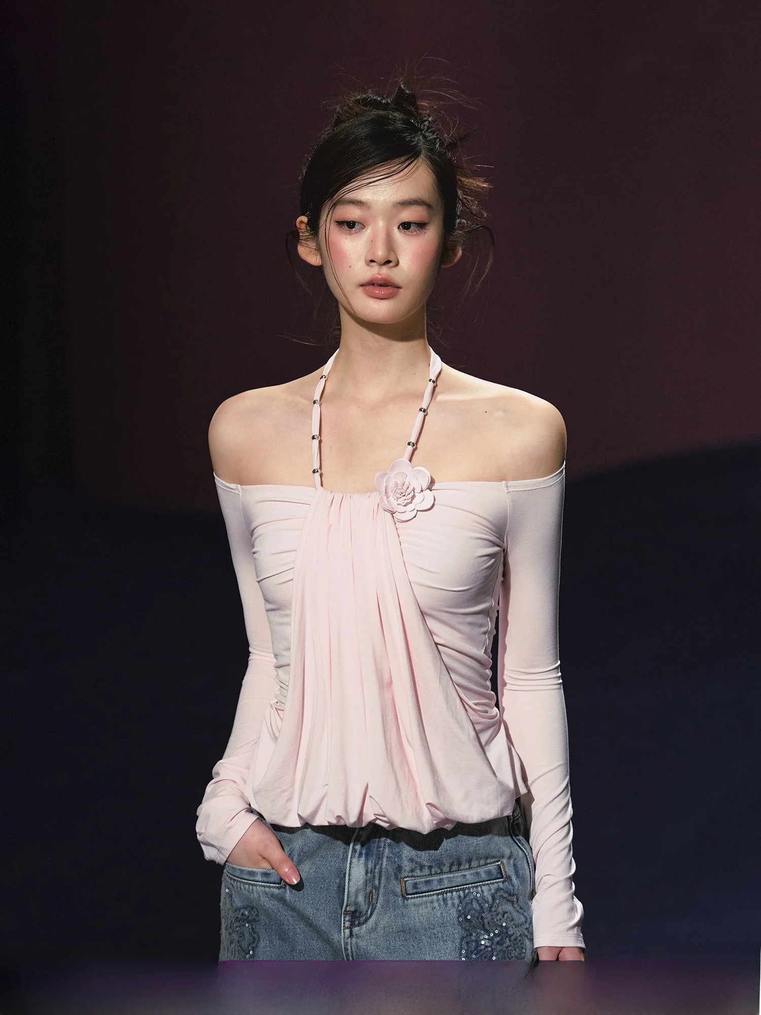 

AGAM Rêve D'Enfant Long Sve One oulder T-irt Dstring Pleated Flowers Commute Sle Korean Version Pure Color