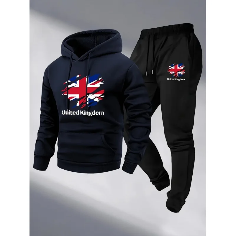 

Men's Fleece Hooded Sweatshirt and Pants Set United Kingdom UK Multi-Pattern Flag Design Autumn Winter