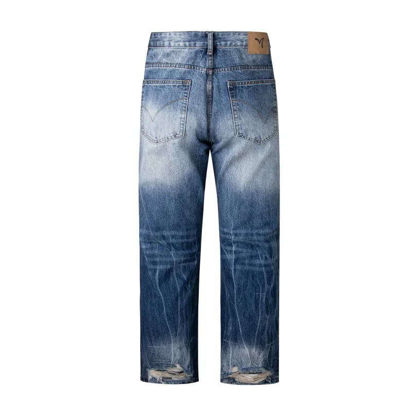2024New Ripped Jeans Men's Personality Fashion Design American High Street Style Loose Straight Flare Pants