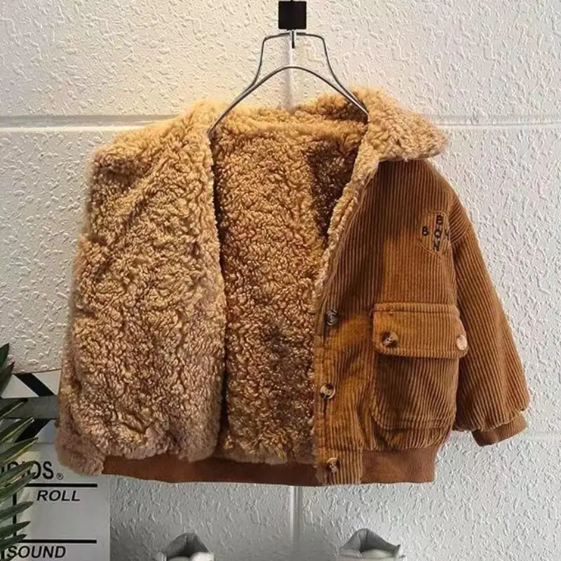 Corduroy Fur Coat For Boys Winter Jacket Lapel Plush Warm Outerwear Children Fashion Boys Thicken Lambswool Jackets 1-5 Years