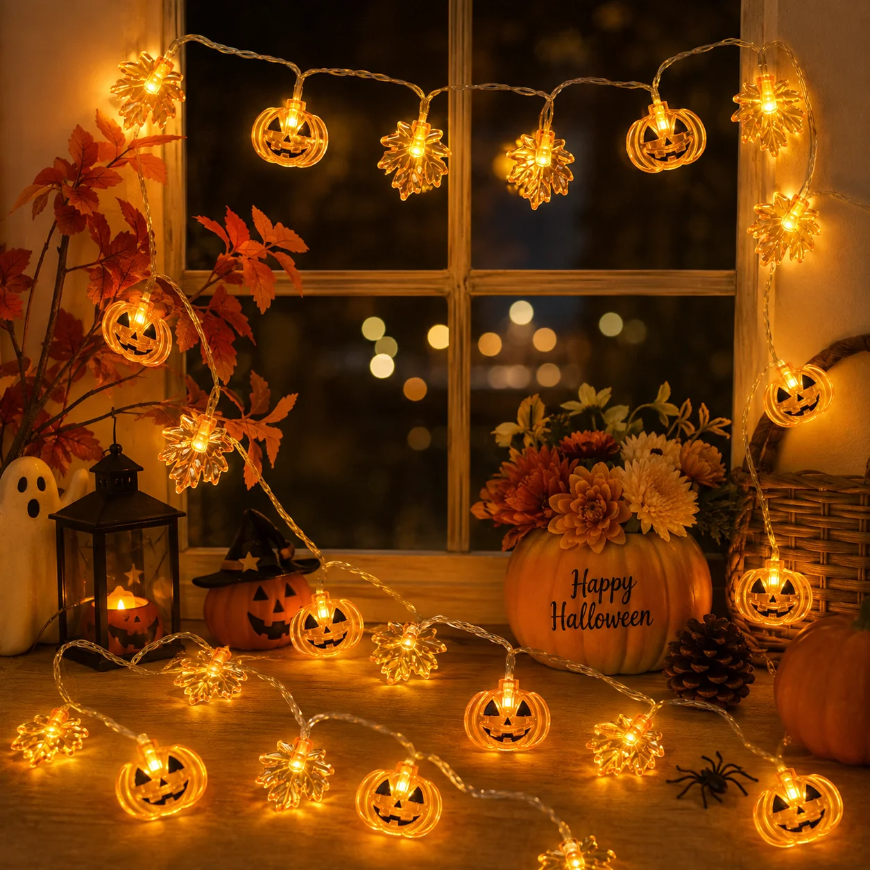 1pc 20 LED Halloween Pumpkin Maple Leaf String Lights Battery Powered Fall Fairy Lights For Window Mantel Fireplace room Decor
