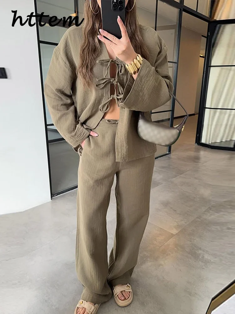 

Casual Women's Lace Up Pants Sets Hollow Out Long Sleeve Shirts Solid Wide Leg Pants 2025 Spring Summer Lady Fashion Outfits