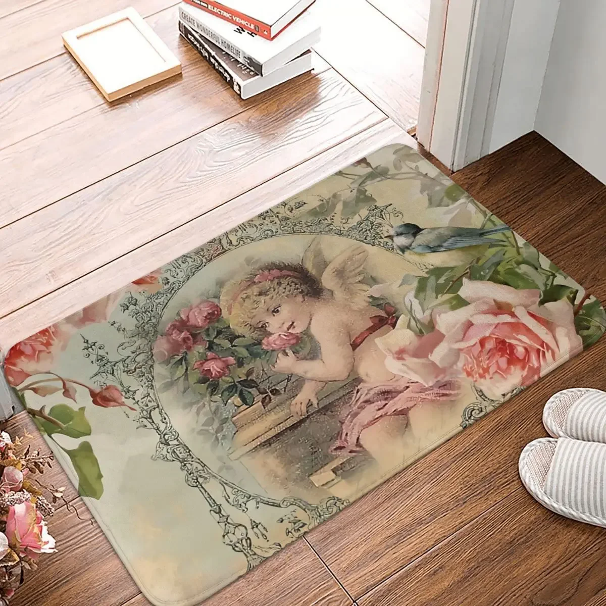 Bath Mat Victorian Angel Print And Pink Roses Doormat Living Room Carpet Outdoor Rug Home Decoration