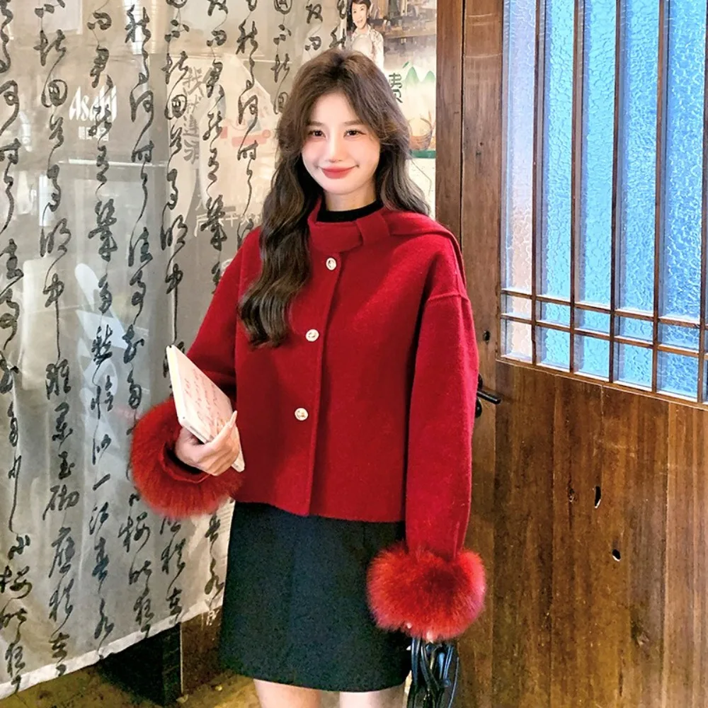 여성용 신상 겨울 리얼 퍼 코트 천연 여우털 재킷 커프스 여성 울 혼방 아우터 여성용 캐시미어 울