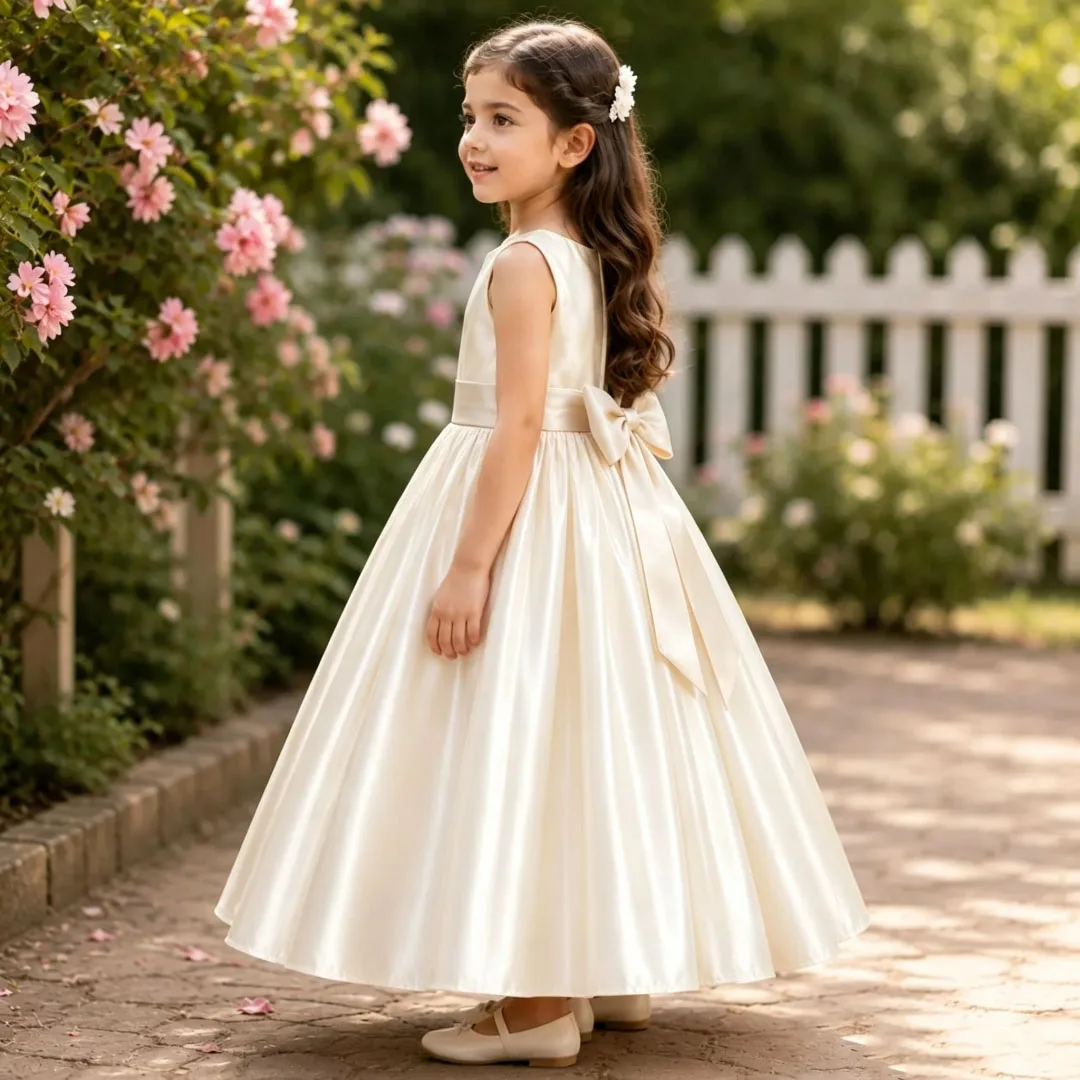 Customized Flower Girl Dress Ivory Satin With Bow Belt Sleeveless For Wedding Birthday Prom Party Banquet Evening Princess Gown