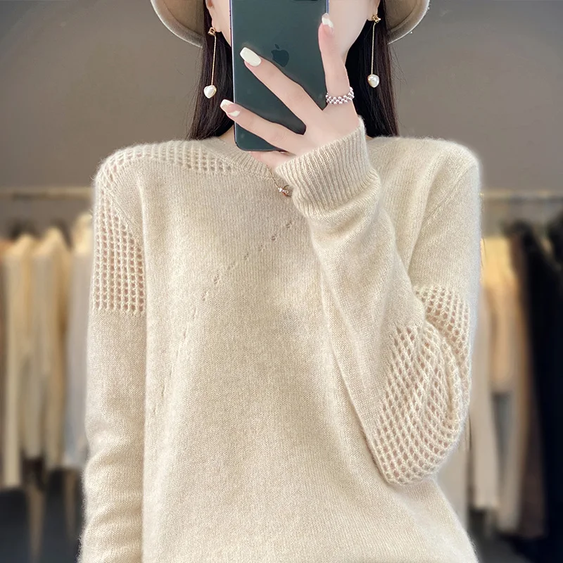 100% Merino Wool Clothing Women\'s O-Neck Pullover Spring and Autumn Thin Knitted Thread Hollow Top Fashion Korean New Product