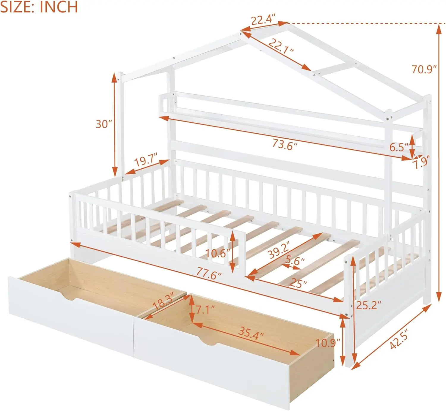 Merax Twin Size House Bed with Drawers, Wooden Twin Size Platform Bed Frame with Storage Shelf, No Box Spring Needed, White