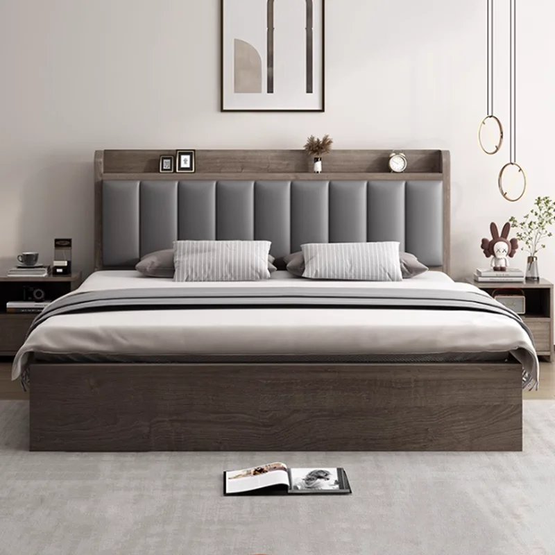 

European Leather Bed Wooden Modern Headboards Double Bed Space Saving Platform Storage Bedroom Sleeping Cama Unique Furniture
