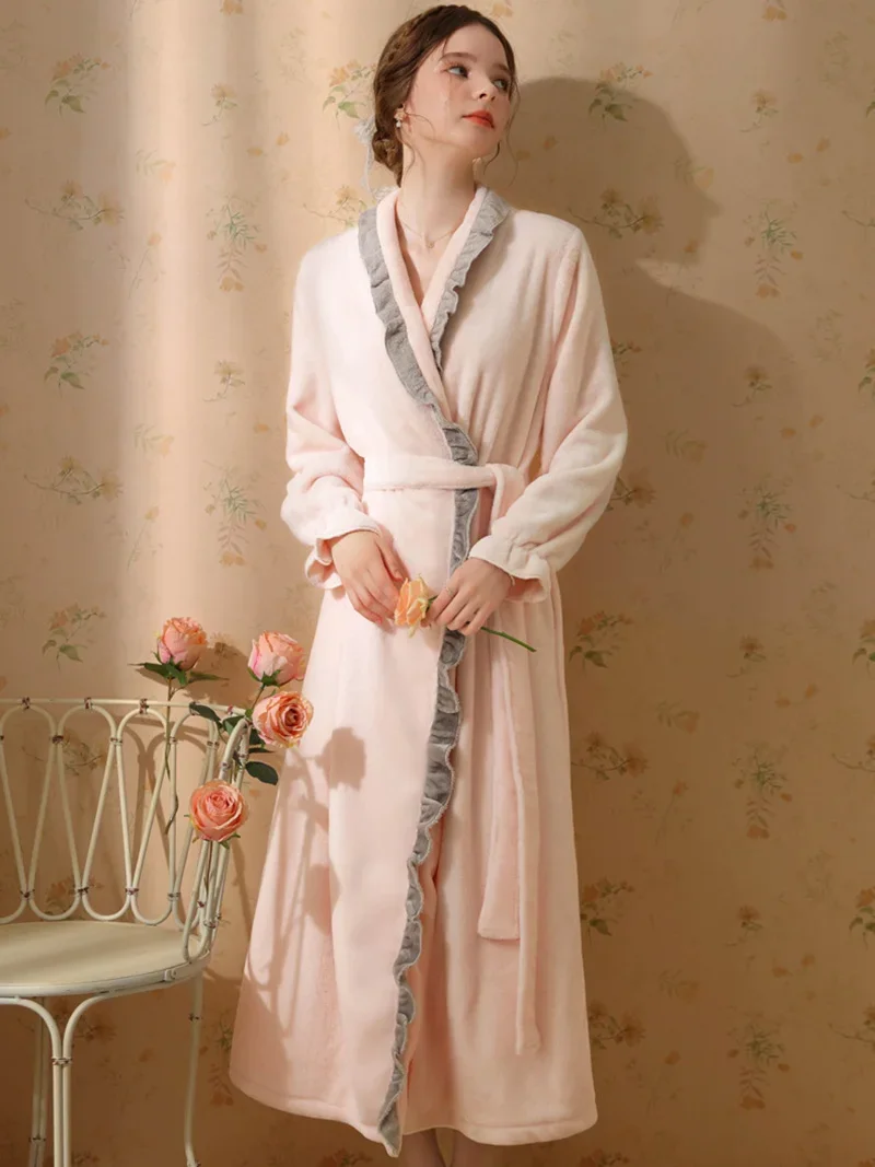 Pink Women Coral Velvet Pajamas Autumn Winter Long Sleeve Flannel Robe Dress Sweet French Vintage Princess Nightwear Sleepwear