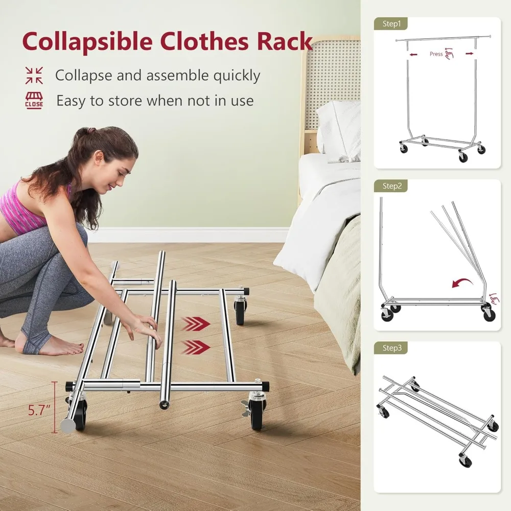 Heavy Duty Foldable Clothes Rack with Wheels, Extendable Rod, and Shelf, Max Capacity 250lbs