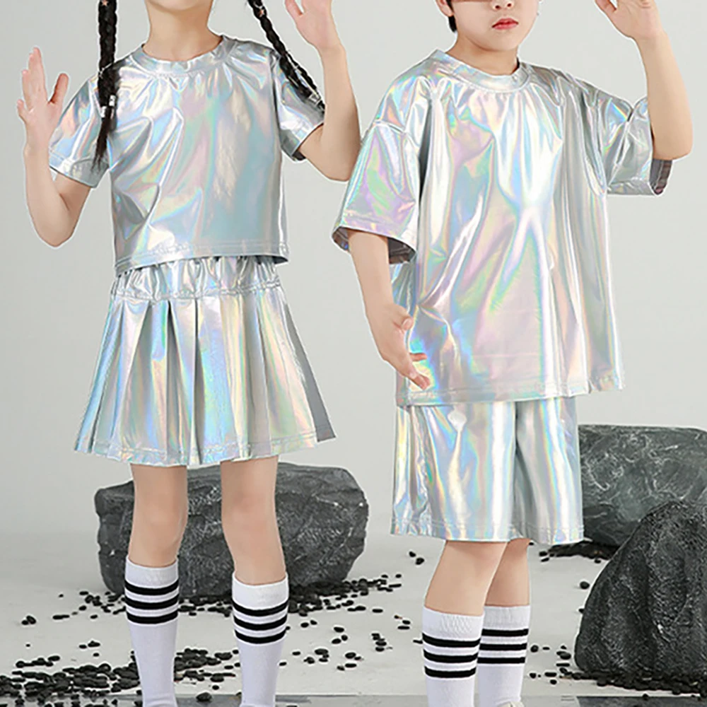 

Kids Boys Girls Metallic Hip Hop Jazz Dance Sets Children Silver T-shirt Shorts/ Skirt Cheerleading Stage Performance Dancewear