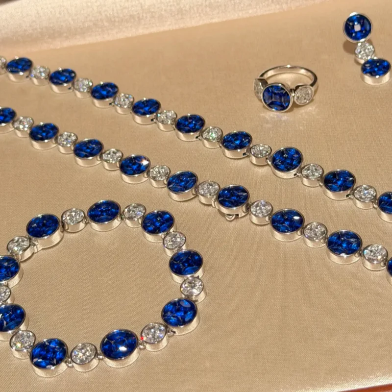 Bellux Round CZ 4Pcs Jewelry Set for Women Ruby Pink Sapphire Blue Zircon Necklace Bracelet Earrings Ring Evening Party Jewelry