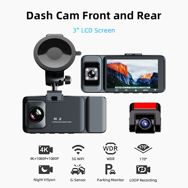 ACCEO B29P 3 Channel WiFi GPS Dash Cam 4K CAR DVR With Night Vision 24h Parking Monitoring Support 1080P Inner And Rear Camera