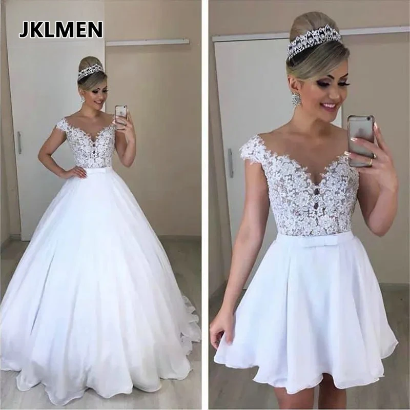 

Chiffion A Line 2 in 1 Wedding Dresses Detachable Skirt Bridal Dress Bowknot Two Pieces Lace Vestidos De Novia