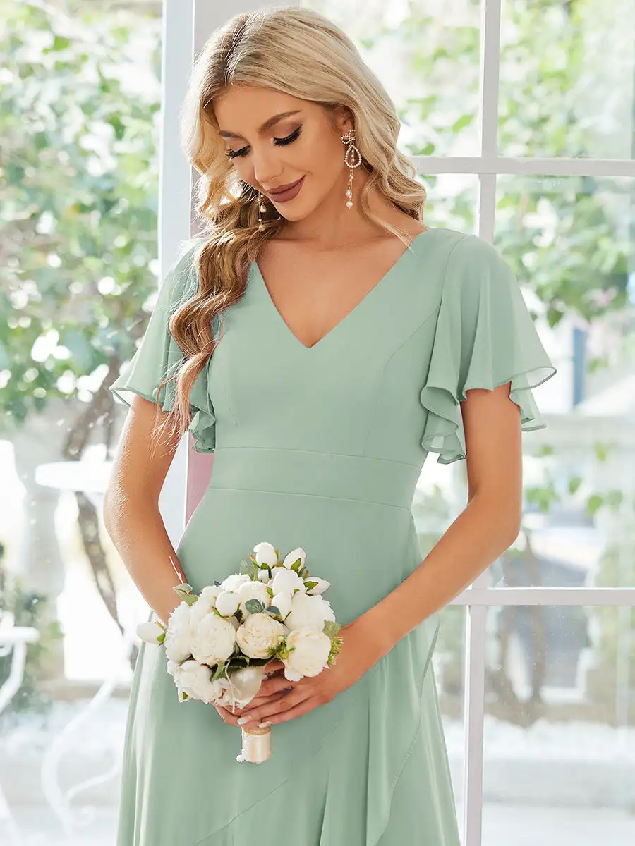 Elegant Evening Dresses V Neck High Low Ruffles Floor-Length 2023 Ever Pretty of A-line Chiffon Mint Green Bridesmaid Dress