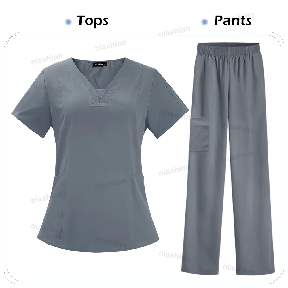 Dental Peeling T-shirt Mode Einfache Krankenschwester Uniform V-ausschnitt Kurzarm Top Jogger Hosen Klinik Jacke Pflege Zubehör Frauen – Detail 16