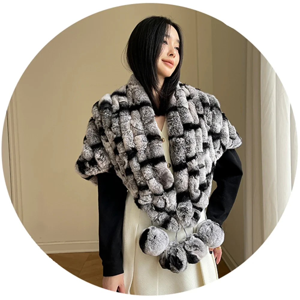 Women 2024 winter fashion fur poncho real rex rabbit fur hand knit shawls thick warm fashionable fur ponchos