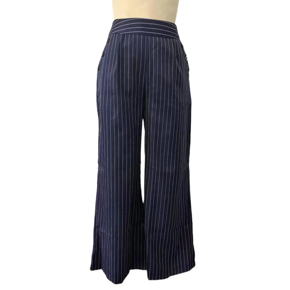 Relaxed Fit Pants Striped Wide Leg Pants for Women High Waisted Loose Trousers with Button Breathable Palazzo Pants with Pockets