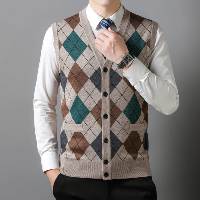 Men Wool Knit Vest Sleeveless Buttons Down Sweater Basic Thick for Autumn Winter Plaids Checkered Checkboard Khaki 7866-01