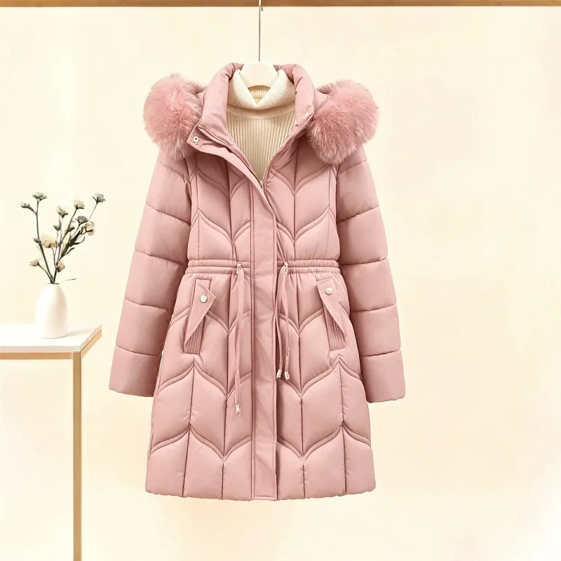 Winter Thickened Cotton-padded Jacket. Waist-cinching Slimming with Detachable Cap Long Cotton-padded Jacket for Women Clothing.