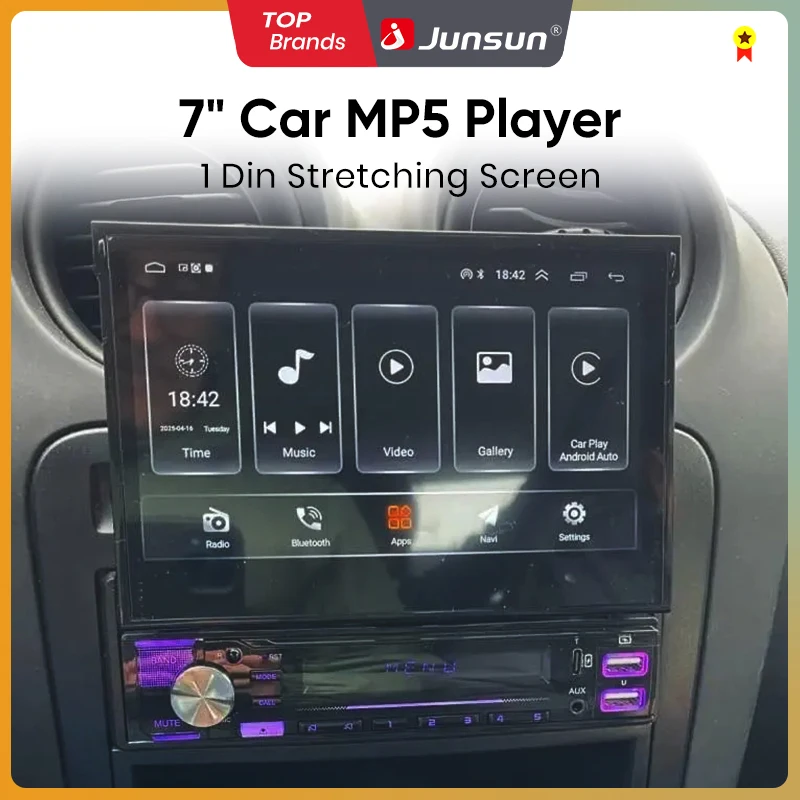 Junsun 1 Din Universal 7" Autoradio Android IPS Einziehbarer Bildschirm Multimedia Player CarPlay für Apple Auto GPS Navigation BT FM