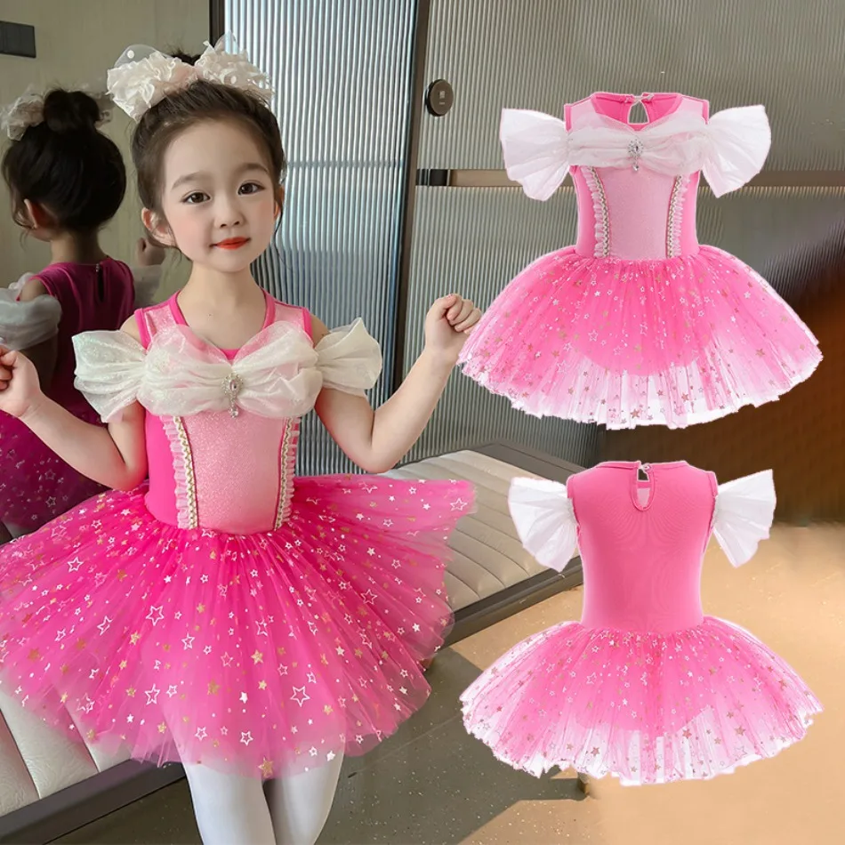 Girls Off Shoulder Bow Rhinestone Star Glitter Tulle Tutu Dress Kids Ballet Costume for Recital Birthday and Dress Up Play XMZ65
