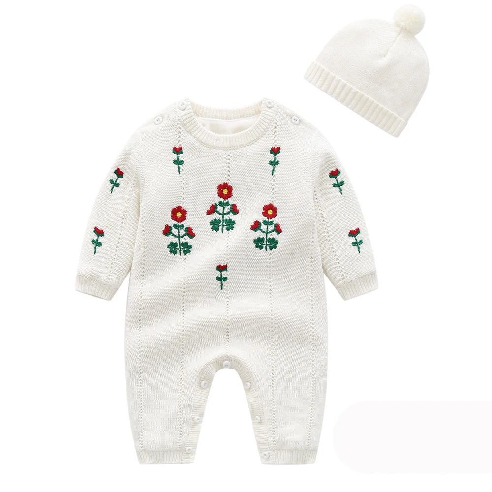 0-24M Baby Girl Rompers Knitted Kids New Spring Autumn Girl Embroidery Flower Rompers + Hat Baby Girl Newborn Rompers Clothes