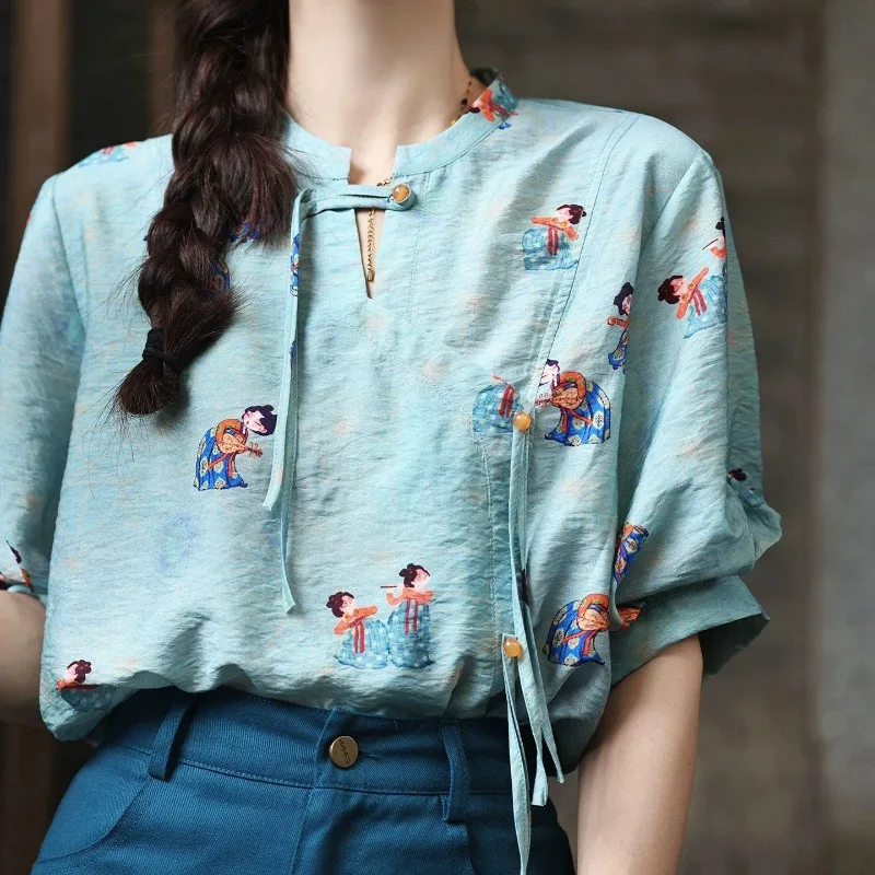

Women Clothing Summer Fashion All-match Chinese Style Button Cartoon Solid Color Women Shirts Indie Folk Short Sleeve Cardigan