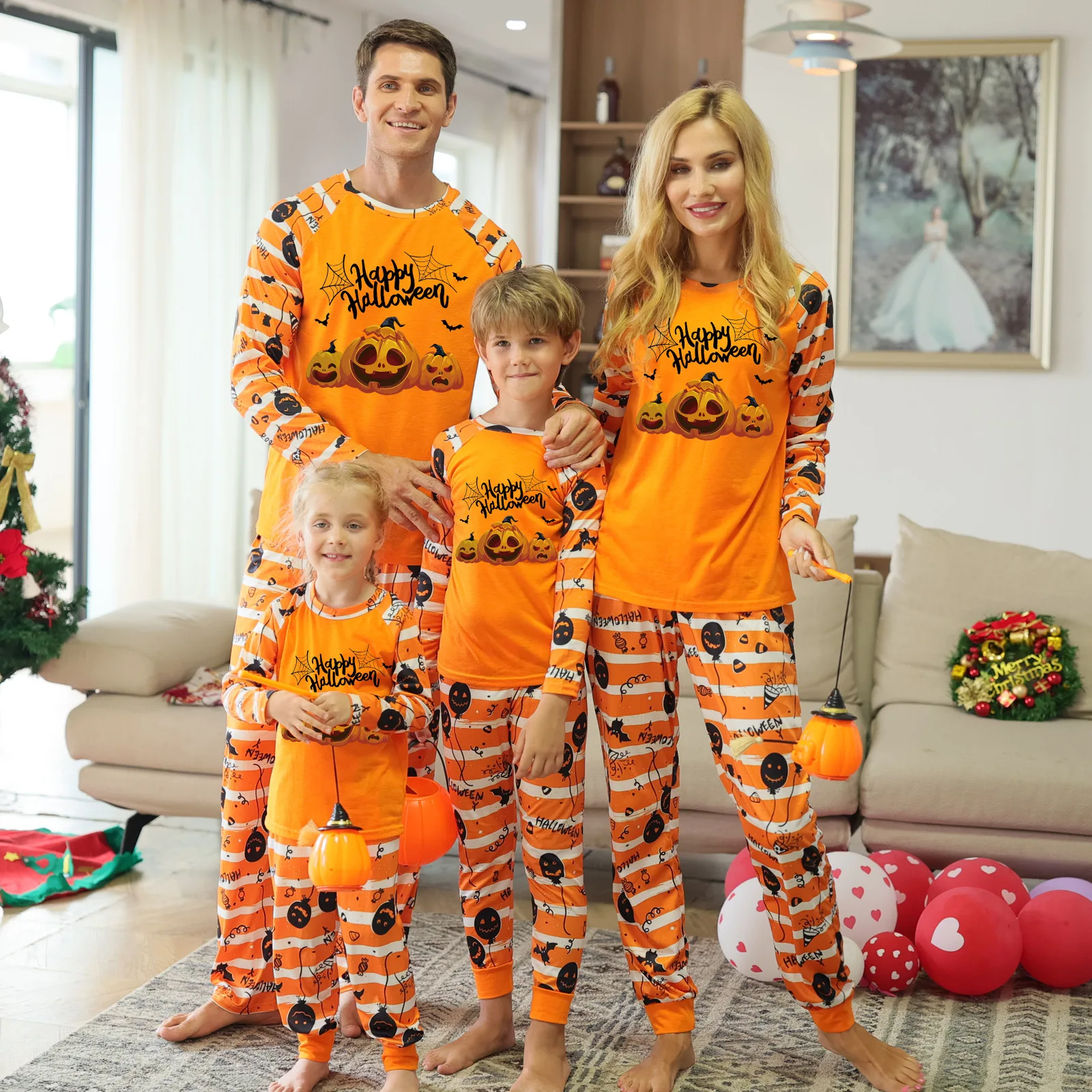 New Halloween Family Pajamas Fashion Orange Grimace Pattern  Family Matching Outfits Parent Mother Kids Festival Home Clothes