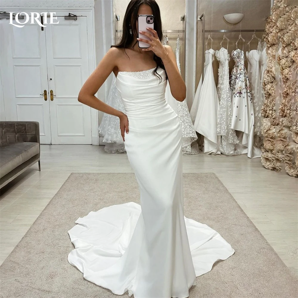 

LORIE Luxury Glitter Mermaid Wedding Dresses Pleats Off Shoulder Sequins Backless Bridal Gowns Sleeveless Sheath Bride Dress