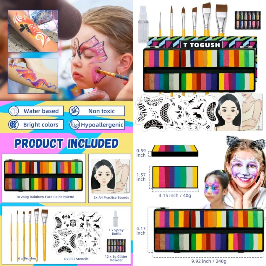 

Face Painting Kit 240g Split Cakes Rainbow Face Paint Palette Professional Water Colors for Adults with GlittersStencils Practi